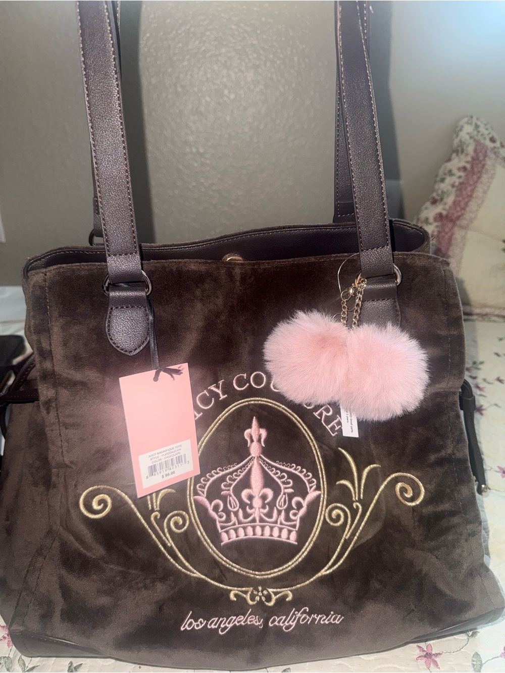Juicy Couture Brown Velvet Tote with Pink Pom Pom Charm and wallet